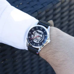 Montre homme squelette automatique acier bracelet cuir noir