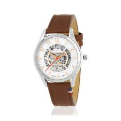 Montre homme squelette automatique acier bracelet cuir marron