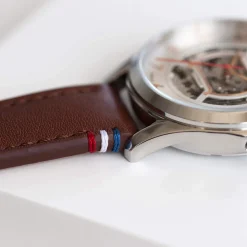 Montre homme squelette automatique acier bracelet cuir marron