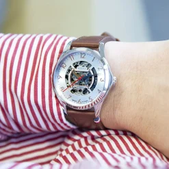 Montre homme squelette automatique acier bracelet cuir marron