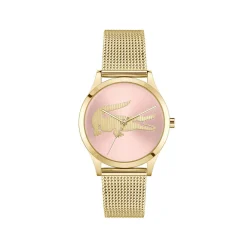 Montre LACOSTE crocodelle femme Acier doré jaune cadran rose bracelet maille milanaise