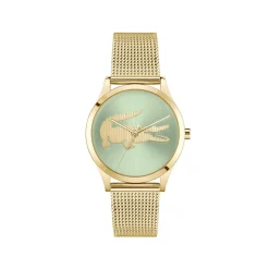 Montre LACOSTE crocodelle femme Acier doré jaune cadran vert bracelet maille milanaise