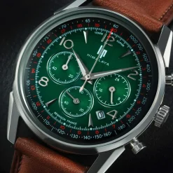 Montre LIP Himalaya chronographe homme cadran vert bracelet cuir marron