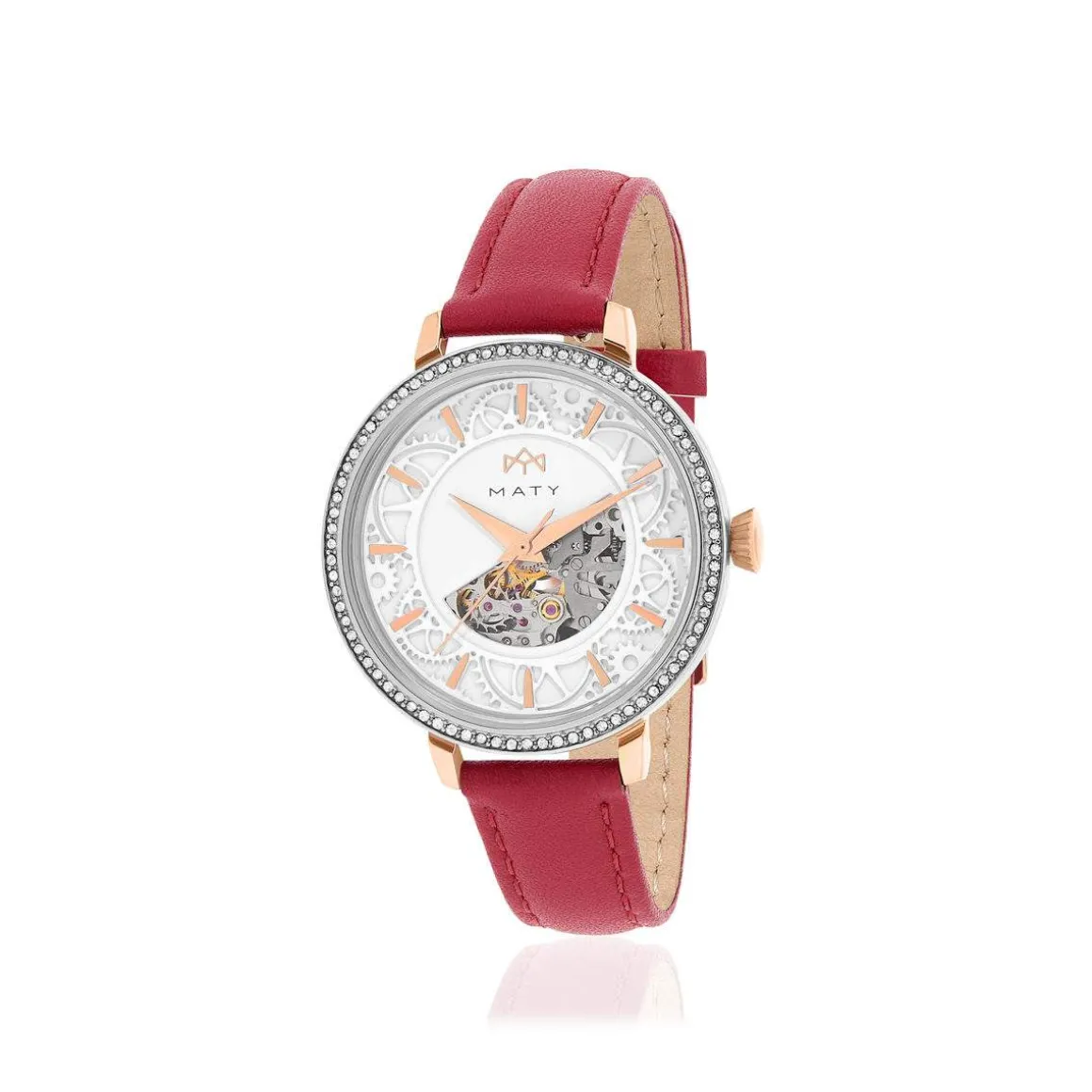 Montre MATY femme automatique, bracelet cuir rouge