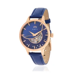 Montre MATY femme automatique, bracelet cuir bleu