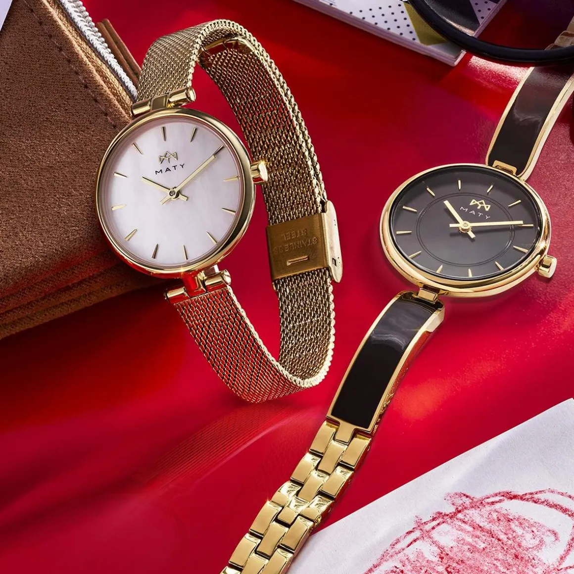 Montre MATY femme, bracelet maille milanaise acier inoxydable doré