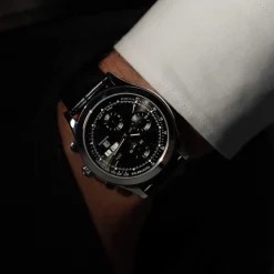 Montre MATY GM automatique chronographe cadran noir bracelet cuir noir