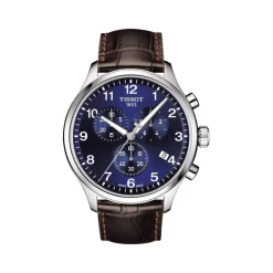 Montre TISSOT CHRONO XL CLASSIC homme cadran bleu bracelet cuir marron boitier acier