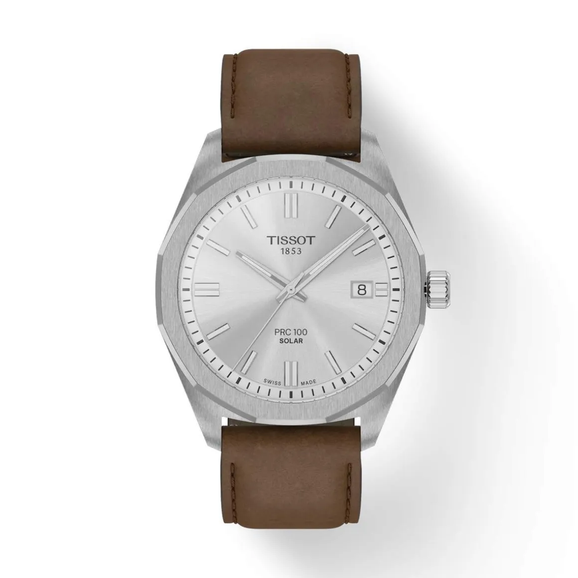 Montre TISSOT PRC 100 SOLAR homme cadran blanc bracelet cuir brun