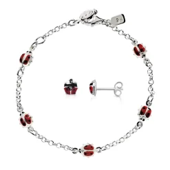 Parure bracelet 17 cm et boucles d'oreilles argent 925 coccinelles