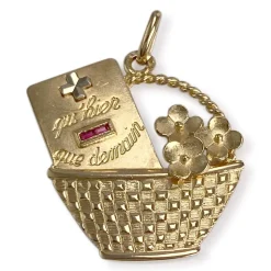 Pendentif AUGIS d'occasion or 750 2 tons panier de fleurs rubis synthétiques