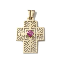 Pendentif croix d'occasion or 750 jaune rubis synthétique
