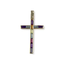 Pendentif croix Guy Laroche d'occasion or 750 jaune améthystes grenat topazes bleues traitées peridot citrine