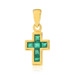 Pendentif croix or 375 jaune émeraudes carrées