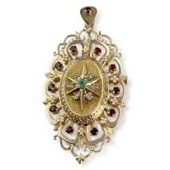 Pendentif d'occasion or 750 jaune grenats émeraude diamants